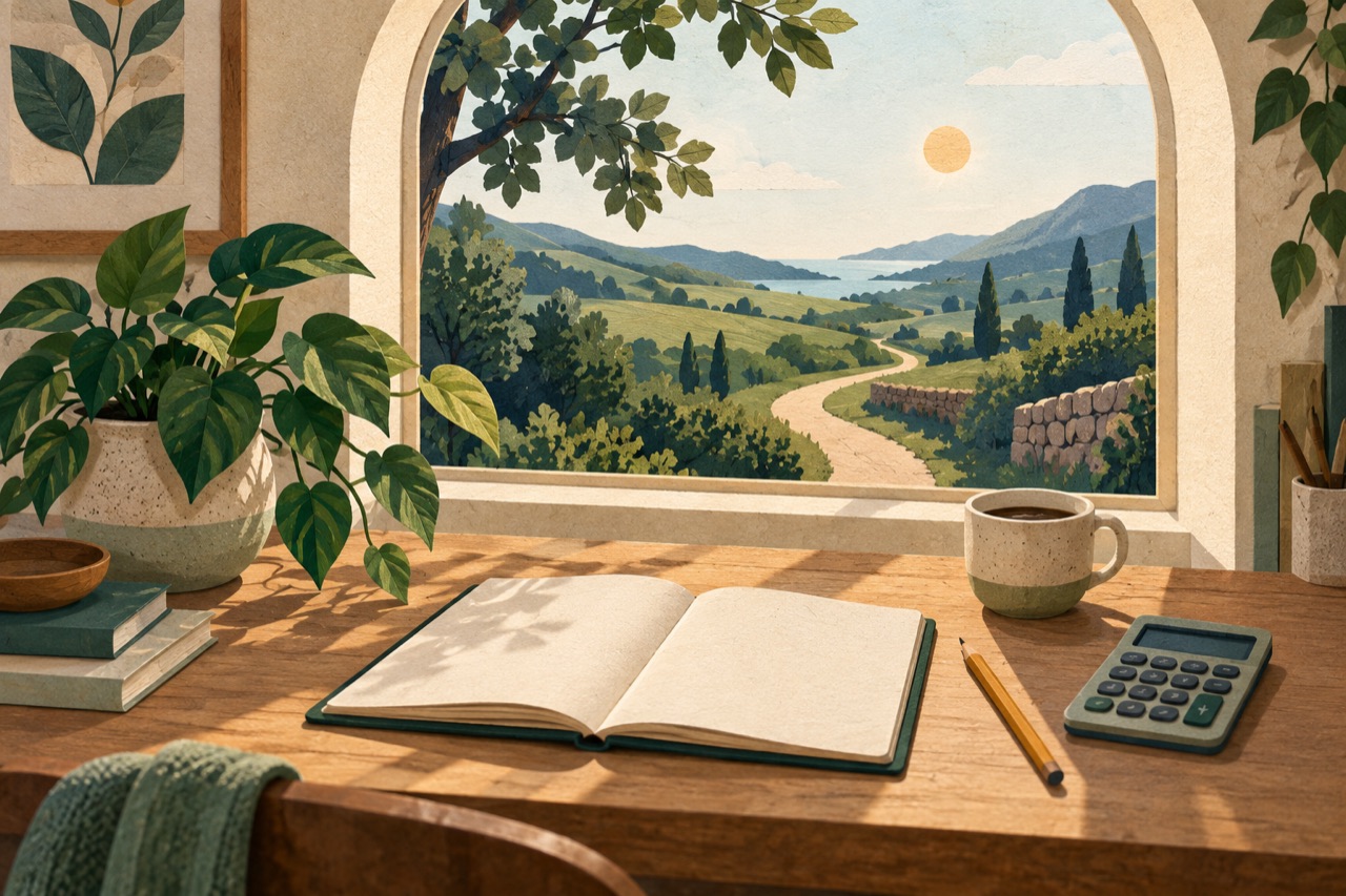 Illustration of a notebook and calculator beside a sunlit window looking onto a winding green path.