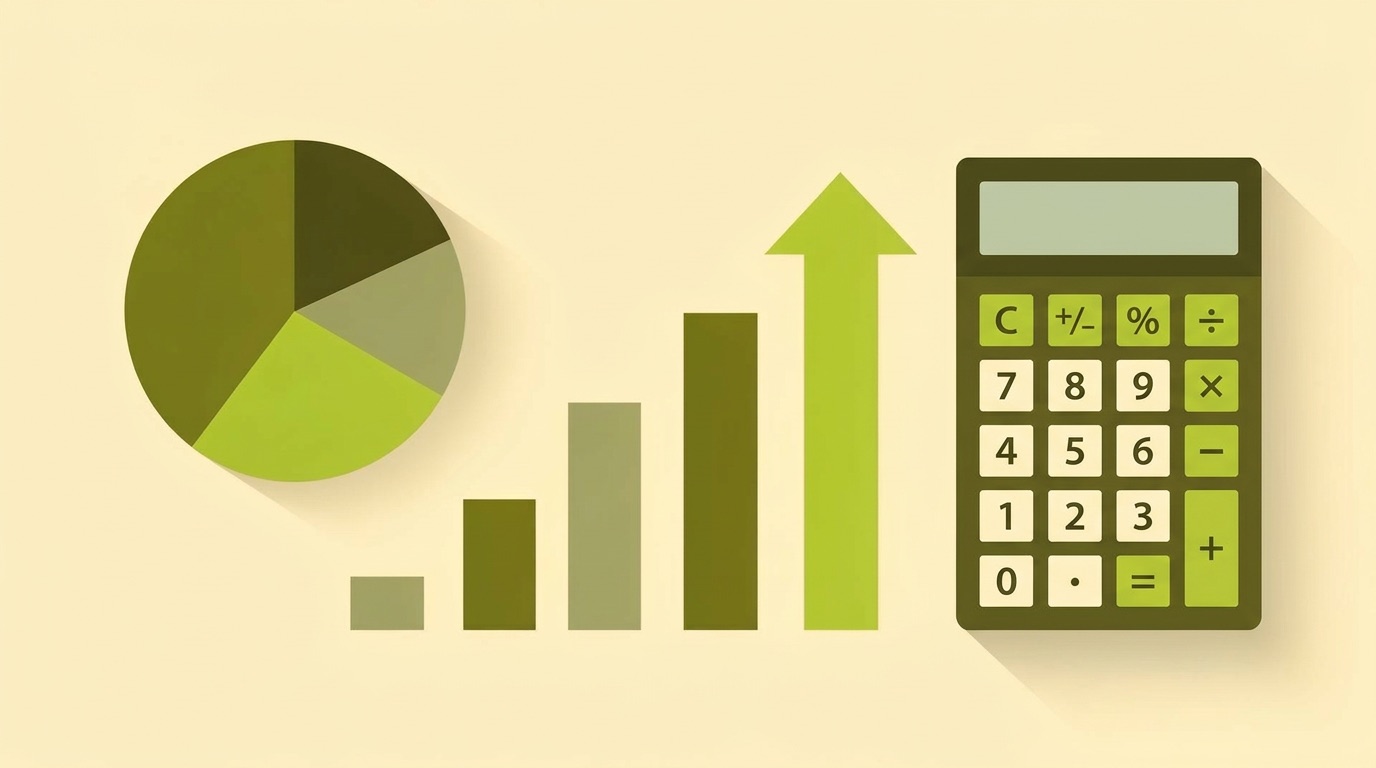 Budgeting illustration with a calculator, pie chart, and bar chart